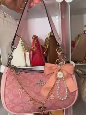 Coach Pink Signature Bow Shoulder Bag with Charm
